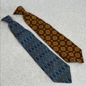 2 Vtg MCM Clip On Neckties 50s/60s Gold & Blue Prints JC Penney+